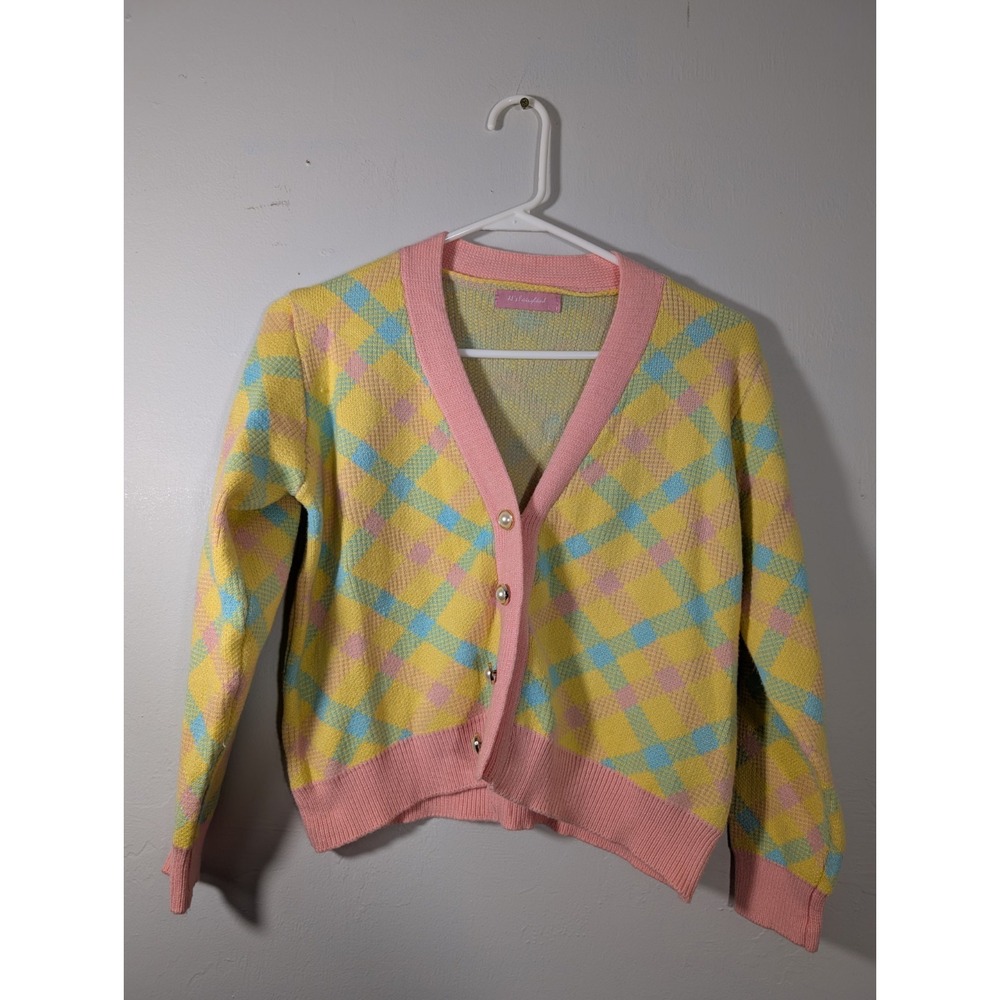 New JJ's Fairyland Blouse Women Large Yellow Plaid V-Neck‎ Long Sleeve Cotton